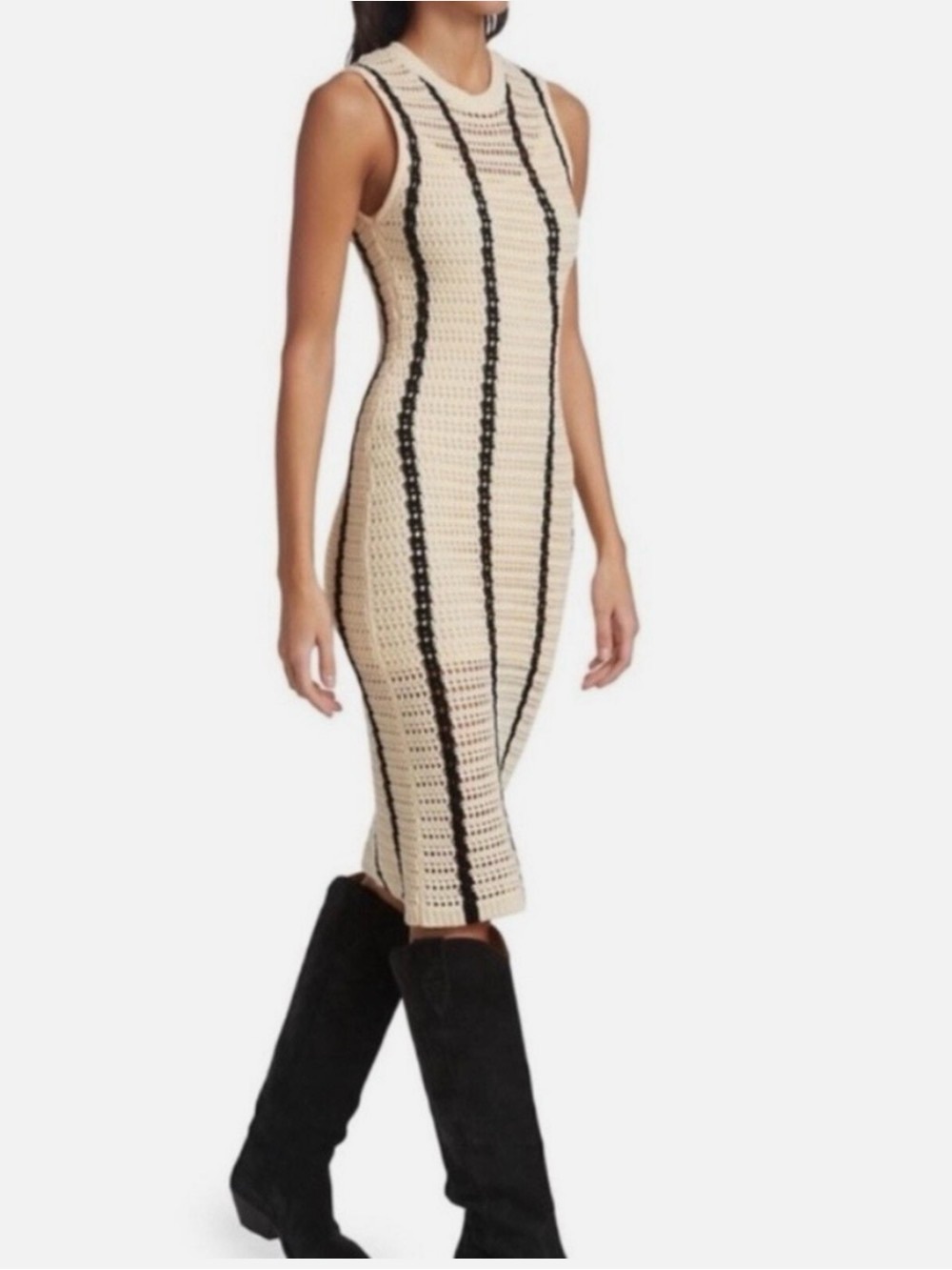 Women’s MONROW cream and black striped crochet midi dress- Size small